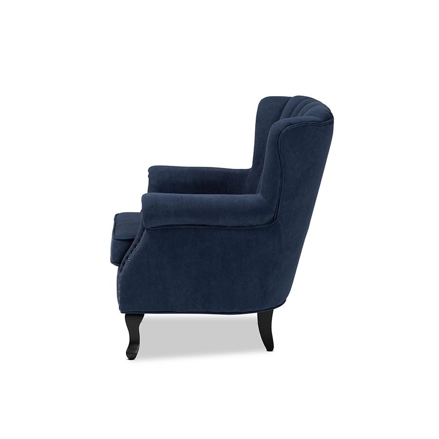 Baxton Studio Relena Classic and Traditional Navy Blue Velvet Fabric Upholstered and Dark Brown Finished Wood Armchair | Armchairs | Modishstore - 4