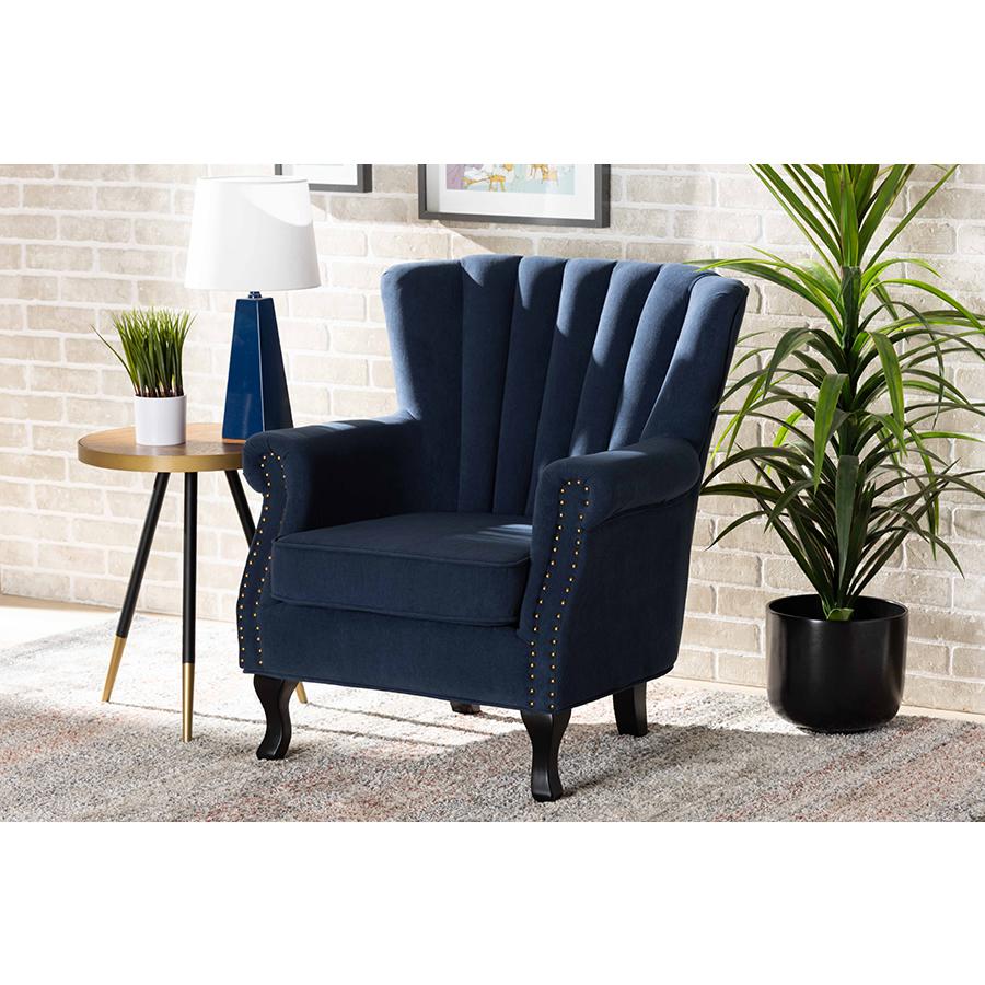 Baxton Studio Relena Classic and Traditional Navy Blue Velvet Fabric Upholstered and Dark Brown Finished Wood Armchair | Armchairs | Modishstore - 2