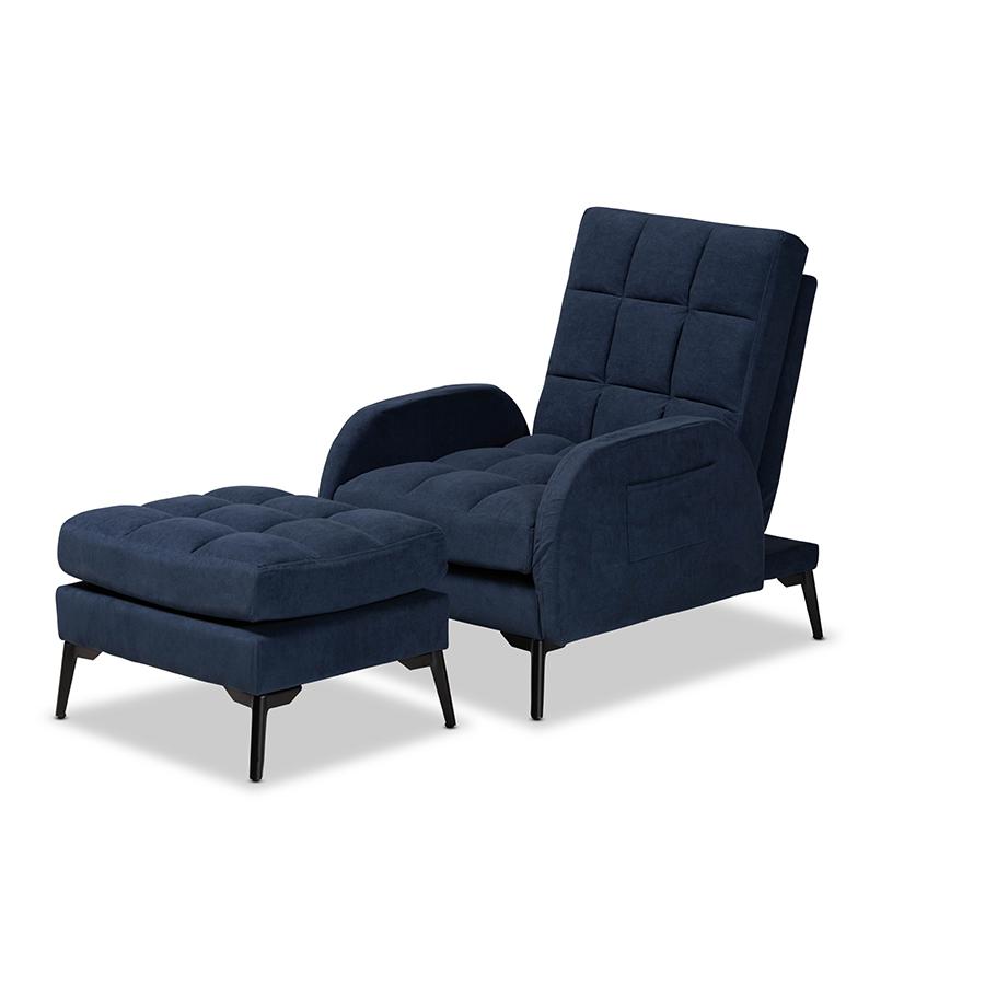 Baxton Studio Belden Modern and Contemporary Navy Blue Velvet Fabric Upholstered and Black Metal 2-Piece Recliner Chair and Ottoman Set | Sofas | Modishstore