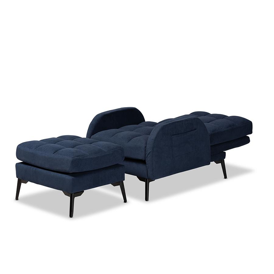 Baxton Studio Belden Modern and Contemporary Navy Blue Velvet Fabric Upholstered and Black Metal 2-Piece Recliner Chair and Ottoman Set | Sofas | Modishstore - 3