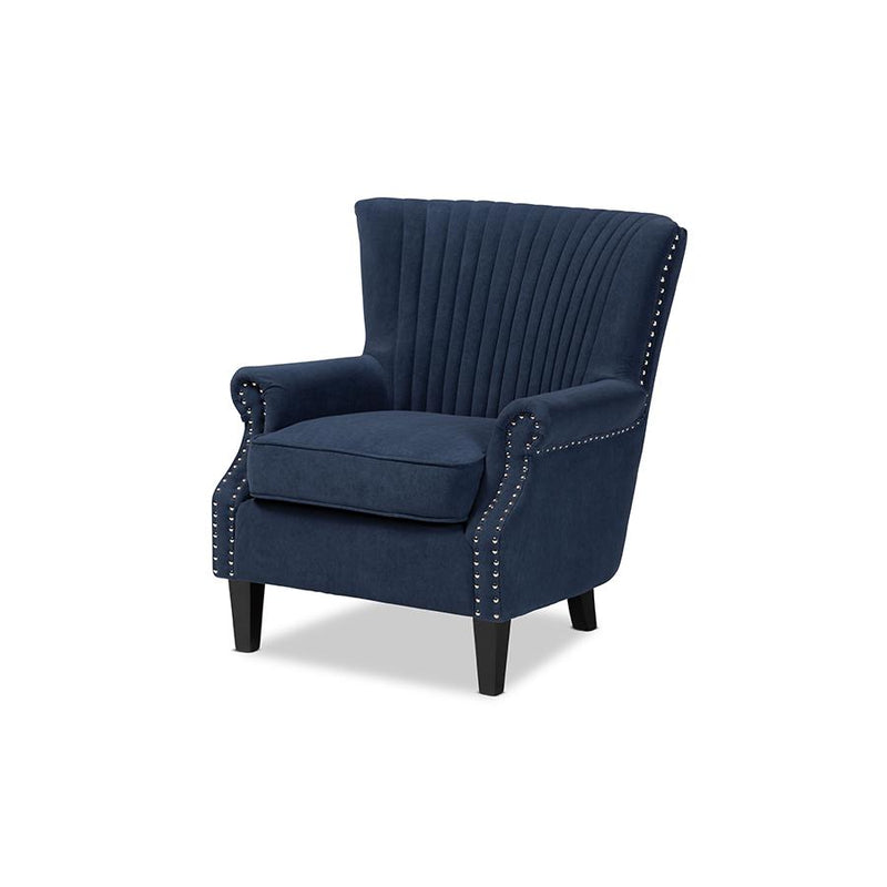 Baxton Studio Wilhelm Classic and Traditional Navy Blue Velvet Fabric Upholstered and Dark Brown Finished Wood Armchair | Armchairs | Modishstore