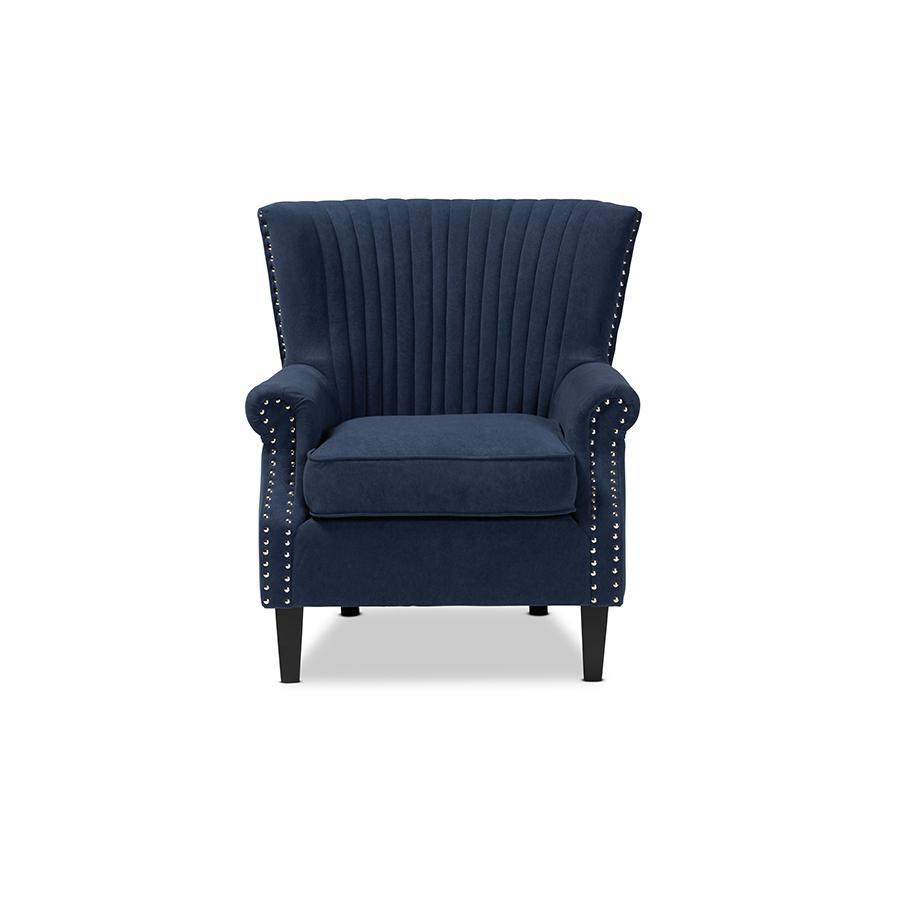 Baxton Studio Wilhelm Classic and Traditional Navy Blue Velvet Fabric Upholstered and Dark Brown Finished Wood Armchair | Armchairs | Modishstore - 3