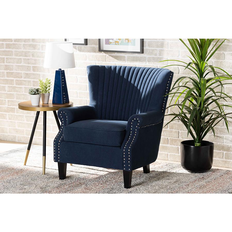 Baxton Studio Wilhelm Classic and Traditional Navy Blue Velvet Fabric Upholstered and Dark Brown Finished Wood Armchair | Armchairs | Modishstore - 2