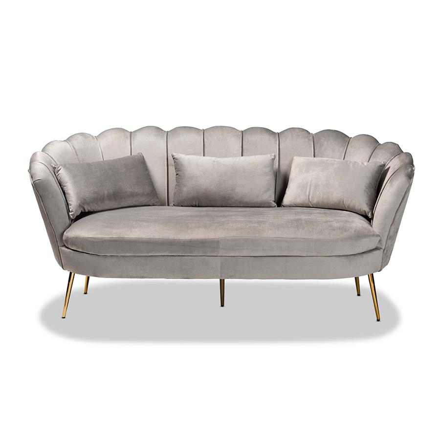Baxton Studio Genia Contemporary Glam and Luxe Grey Velvet Fabric Upholstered and Gold Metal Sofa | Sofas | Modishstore - 2