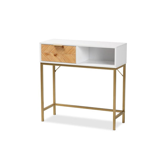 Baxton Studio Giona Modern and Contemporary Two-Tone Oak Brown and White Finished Wood and Gold Metal 1-Drawer Console Table | Console Tables | Modishstore