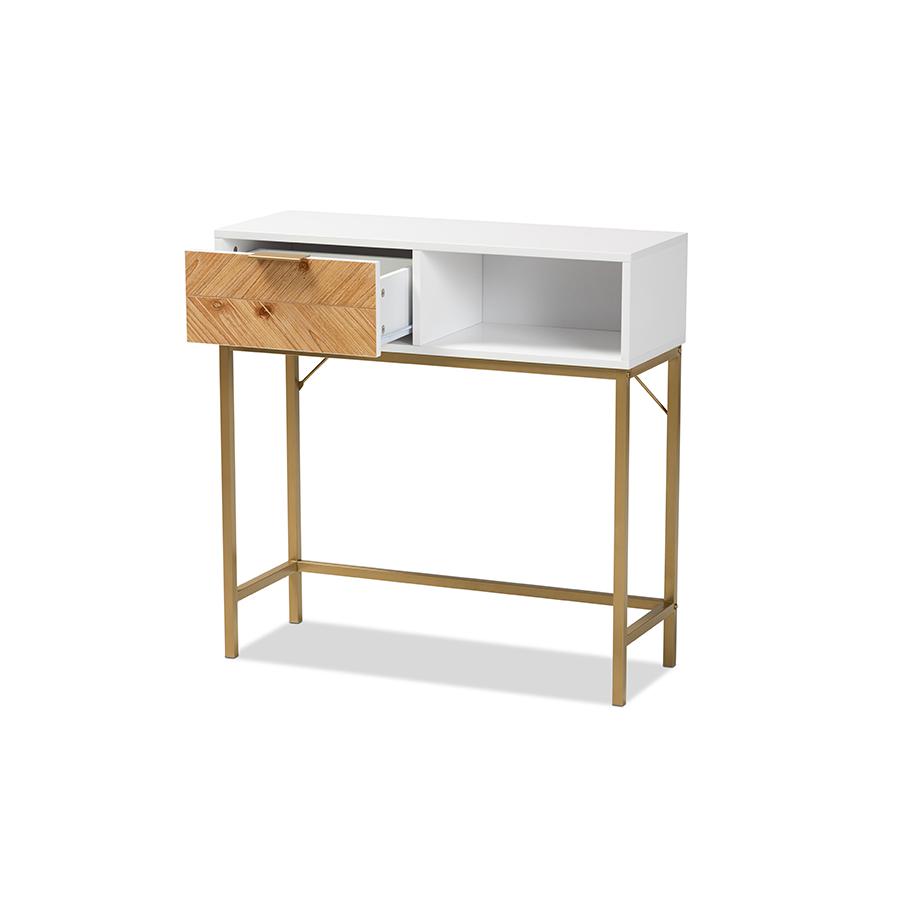 Baxton Studio Giona Modern and Contemporary Two-Tone Oak Brown and White Finished Wood and Gold Metal 1-Drawer Console Table | Console Tables | Modishstore - 2