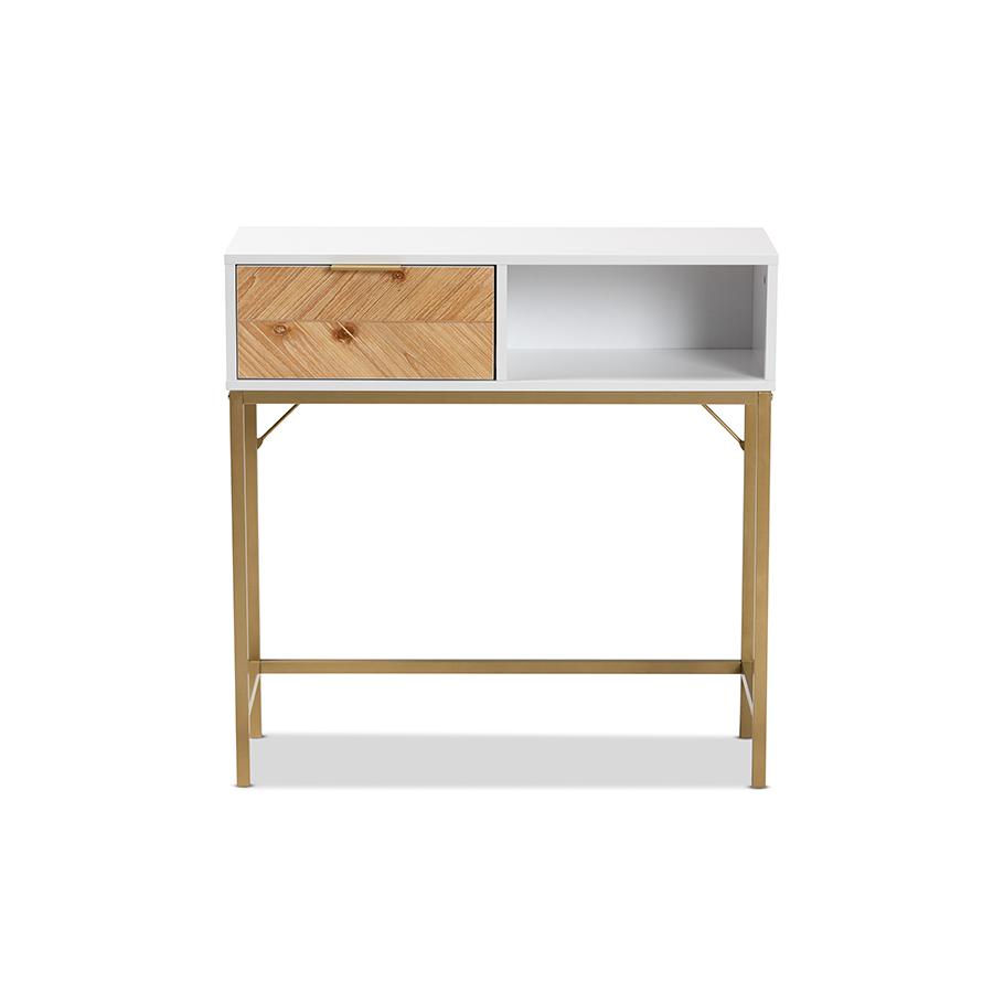 Baxton Studio Giona Modern and Contemporary Two-Tone Oak Brown and White Finished Wood and Gold Metal 1-Drawer Console Table | Console Tables | Modishstore - 3