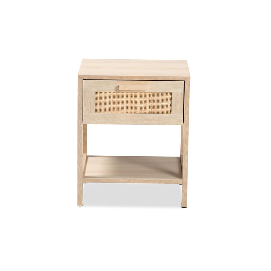 Baxton Studio Sebille Mid-Century Modern Light Brown Finished Wood 1-Drawer Nightstand with Natural Rattan | Nightstands | Modishstore - 3