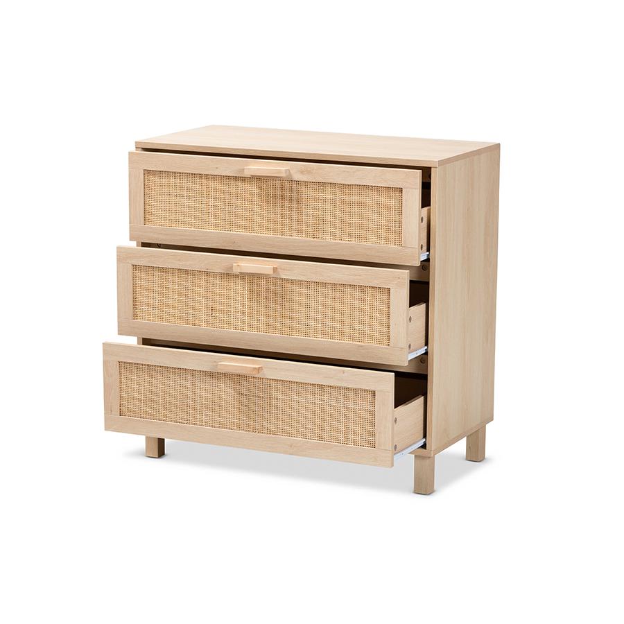 Baxton Studio Sebille Mid-Century Modern Light Brown Finished Wood 3-Drawer Storage Chest with Natural Rattan | Drawers | Modishstore - 2