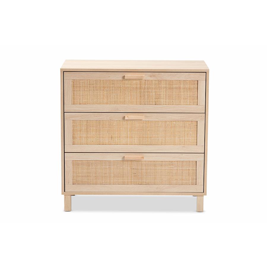 Baxton Studio Sebille Mid-Century Modern Light Brown Finished Wood 3-Drawer Storage Chest with Natural Rattan | Drawers | Modishstore - 3