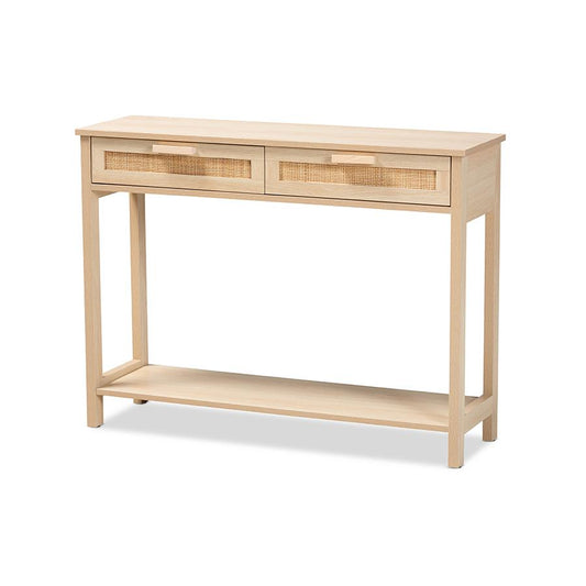 Baxton Studio Sebille Mid-Century Modern Light Brown Finished Wood 2-Drawer Console Table with Natural Rattan | Console Tables | Modishstore