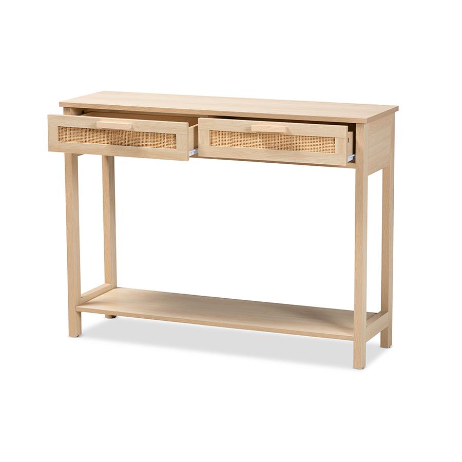 Baxton Studio Sebille Mid-Century Modern Light Brown Finished Wood 2-Drawer Console Table with Natural Rattan | Console Tables | Modishstore - 2