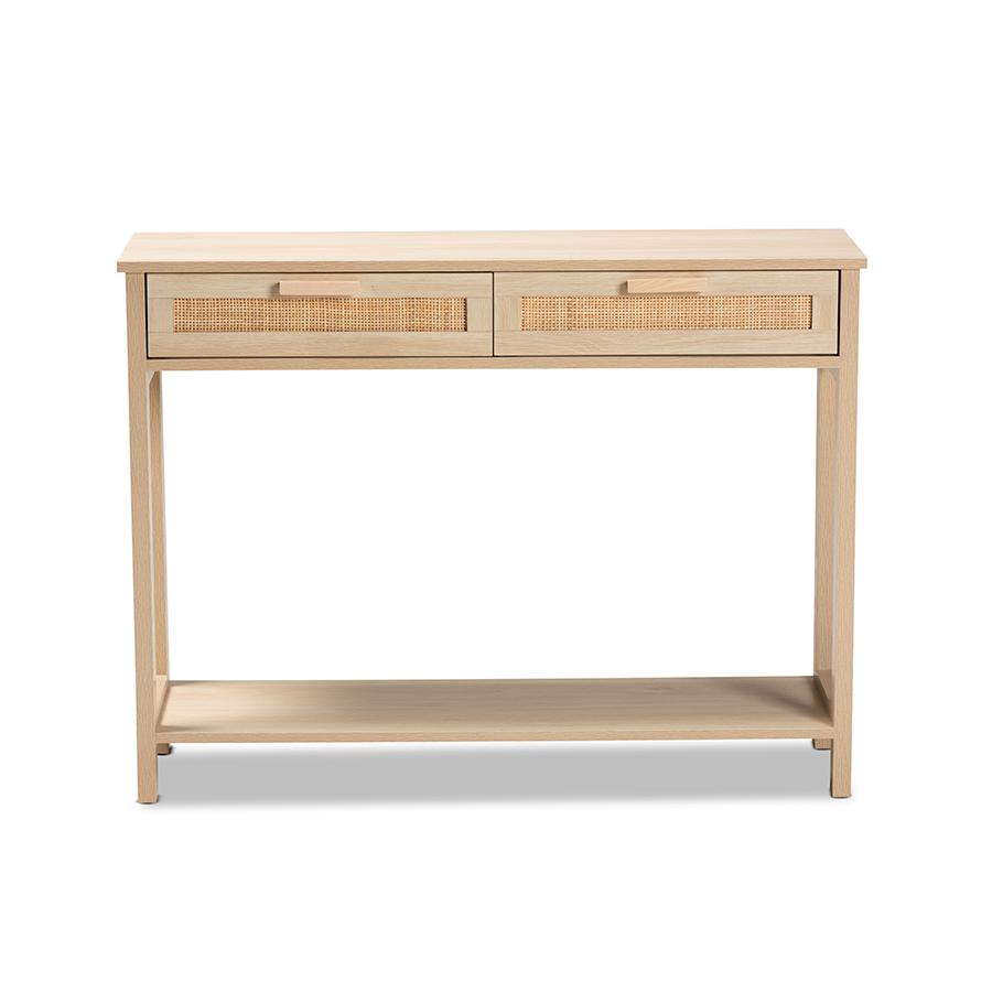 Baxton Studio Sebille Mid-Century Modern Light Brown Finished Wood 2-Drawer Console Table with Natural Rattan | Console Tables | Modishstore - 3