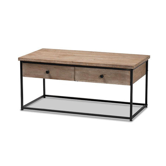 Baxton Studio Roderick Modern and Contemporary Weathered Oak Finished Wood and Black Metal 2-Drawer Coffee Table | Coffee Tables | Modishstore