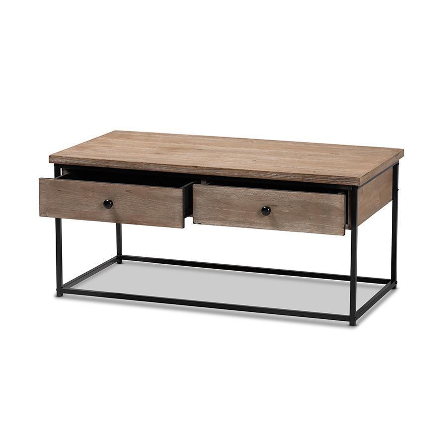 Baxton Studio Roderick Modern and Contemporary Weathered Oak Finished Wood and Black Metal 2-Drawer Coffee Table | Coffee Tables | Modishstore - 2