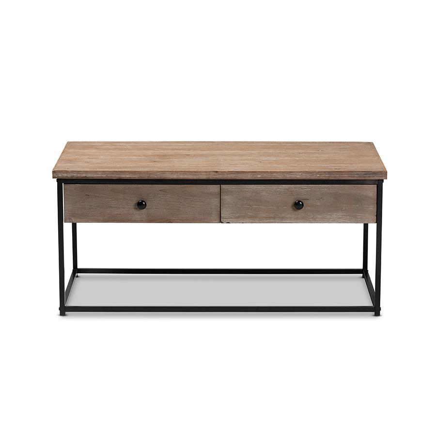 Baxton Studio Roderick Modern and Contemporary Weathered Oak Finished Wood and Black Metal 2-Drawer Coffee Table | Coffee Tables | Modishstore - 3
