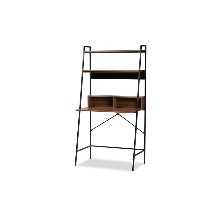 Baxton Studio Palmira Modern Industrial Walnut Brown Finished Wood and Black Metal Desk with Shelves | Desks | Modishstore
