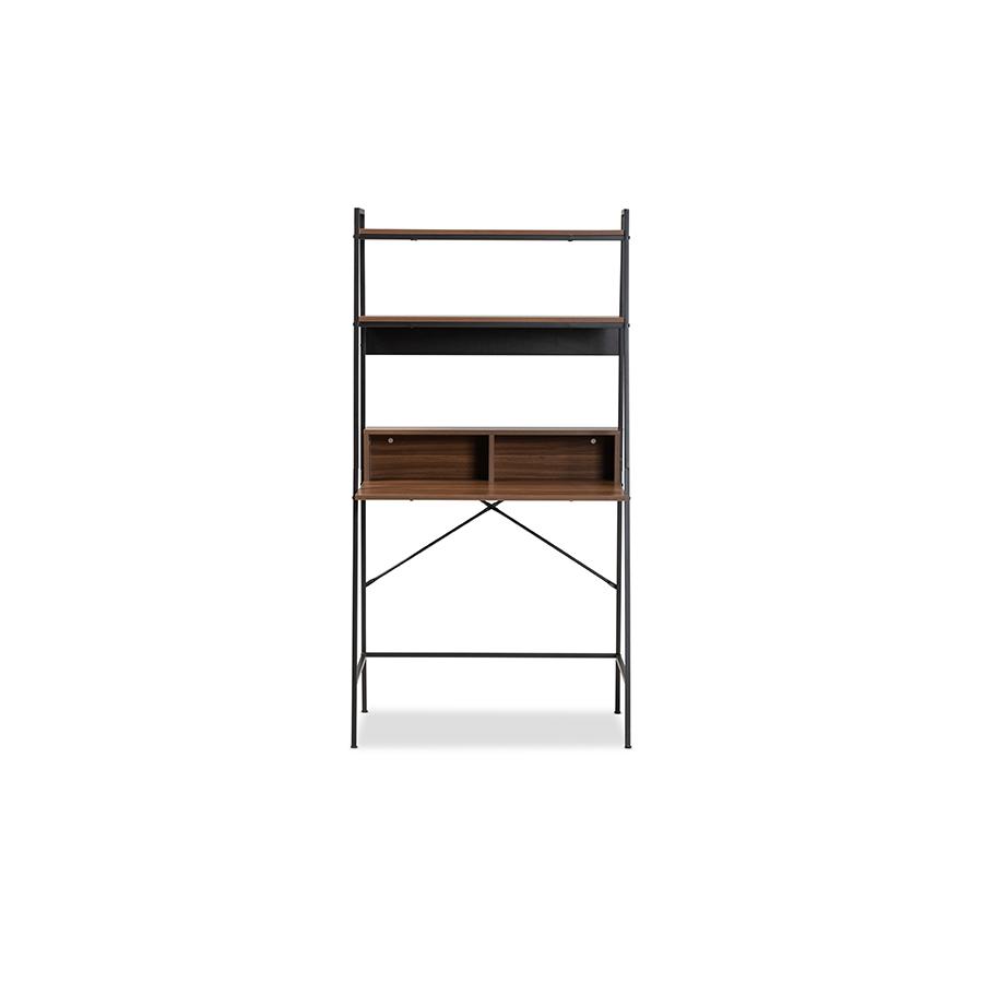 Baxton Studio Palmira Modern Industrial Walnut Brown Finished Wood and Black Metal Desk with Shelves | Desks | Modishstore - 2