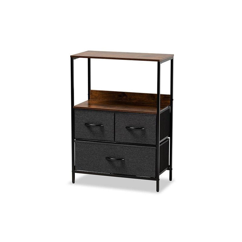 Baxton Studio Hakan Modern Industrial Grey Fabric Upholstered and Walnut Brown Finished Wood 3-Drawer Storage Cabinet | Cabinets | Modishstore