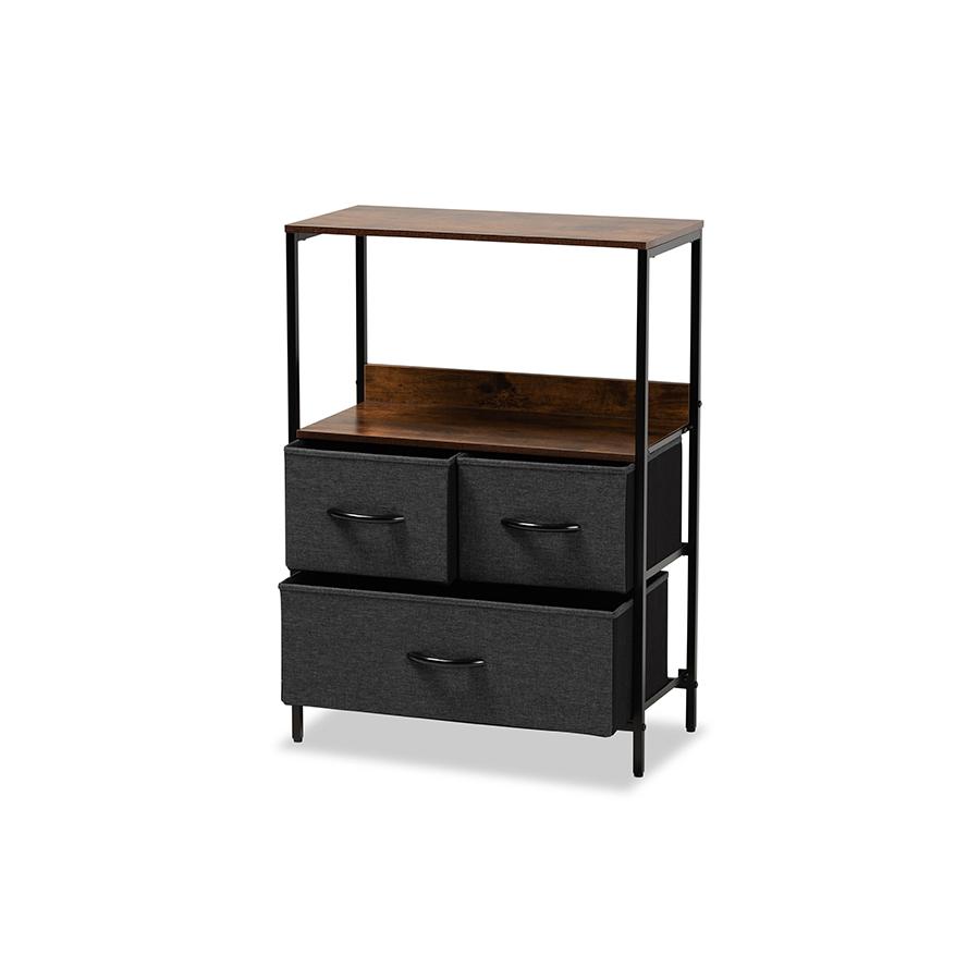 Baxton Studio Hakan Modern Industrial Grey Fabric Upholstered and Walnut Brown Finished Wood 3-Drawer Storage Cabinet | Cabinets | Modishstore - 3