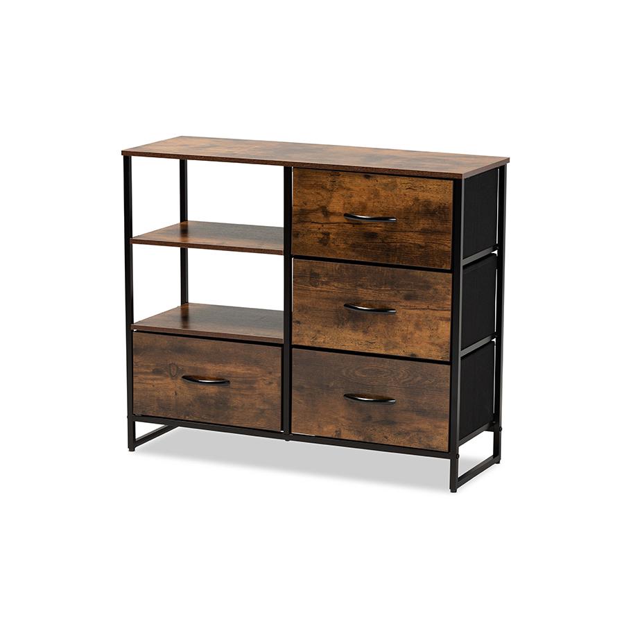 Baxton Studio Hakan Modern Industrial Walnut Brown Finished Wood and Black Metal 4-Drawer Storage Cabinet | Cabinets | Modishstore