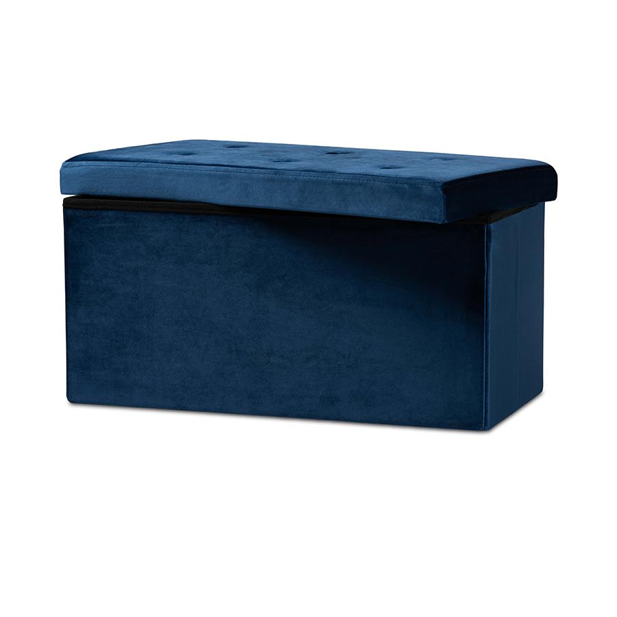 Baxton Studio Castel Modern and Contemporary Navy Blue Velvet Fabric Upholstered Wood Storage Ottoman | Ottomans | Modishstore - 3