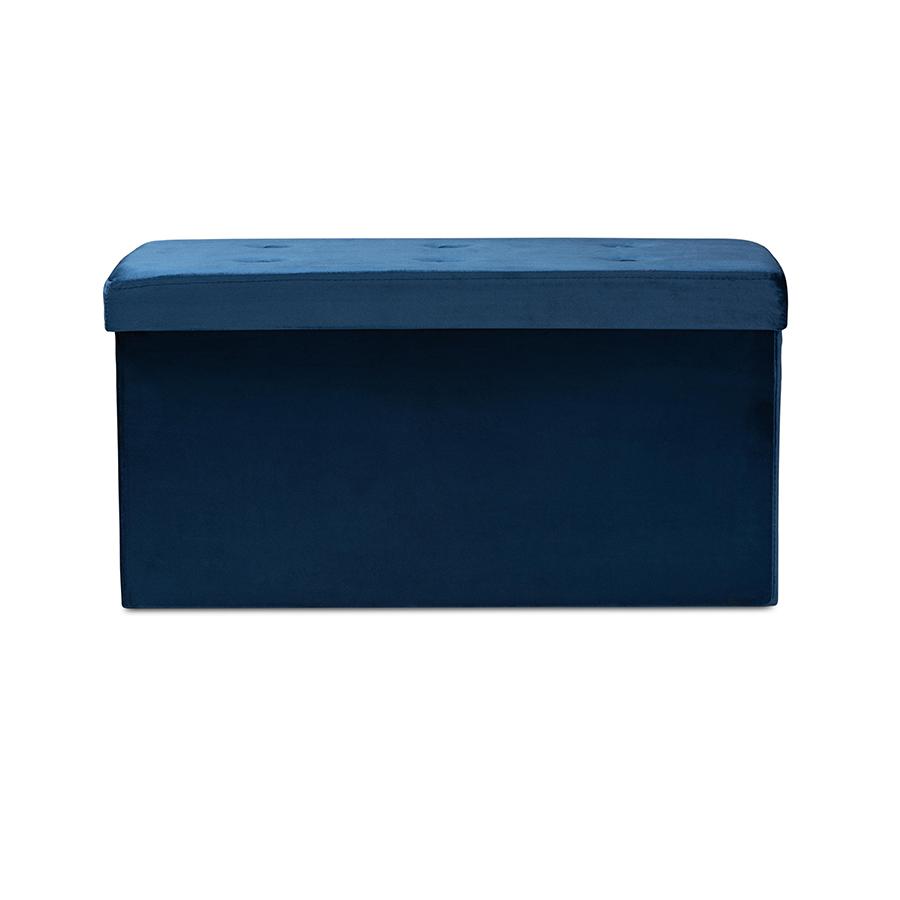 Baxton Studio Castel Modern and Contemporary Navy Blue Velvet Fabric Upholstered Wood Storage Ottoman | Ottomans | Modishstore - 4