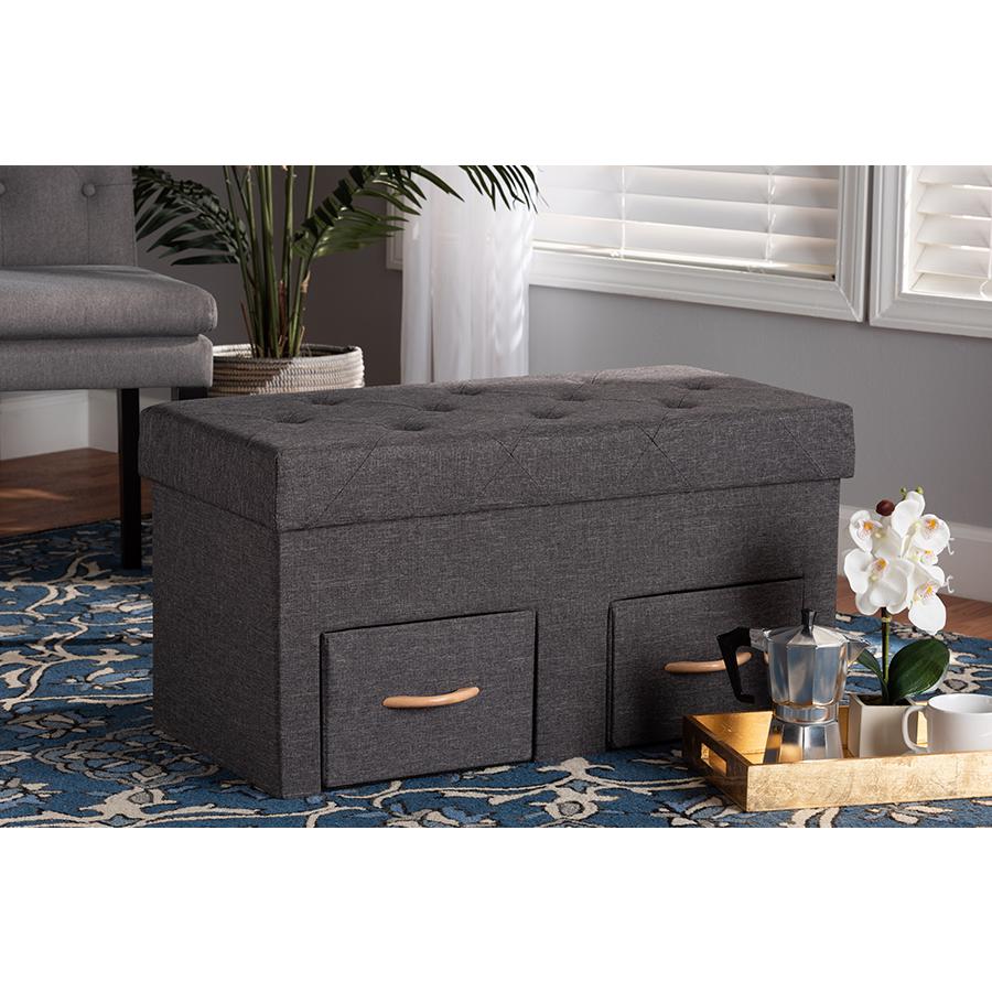 Baxton Studio Gerwin Modern and Contemporary Dark Grey Fabric Upholstered and Oak Brown Finished Wood 2-Drawer Storage Ottoman | Ottomans | Modishstore - 2