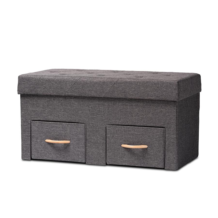 Baxton Studio Gerwin Modern and Contemporary Dark Grey Fabric Upholstered and Oak Brown Finished Wood 2-Drawer Storage Ottoman | Ottomans | Modishstore
