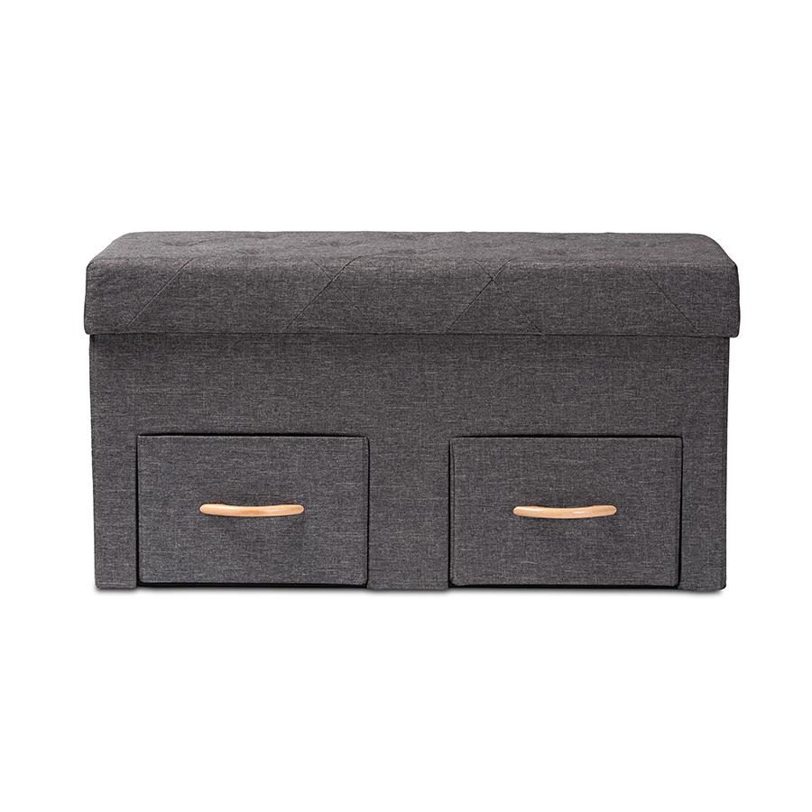 Baxton Studio Gerwin Modern and Contemporary Dark Grey Fabric Upholstered and Oak Brown Finished Wood 2-Drawer Storage Ottoman | Ottomans | Modishstore - 4