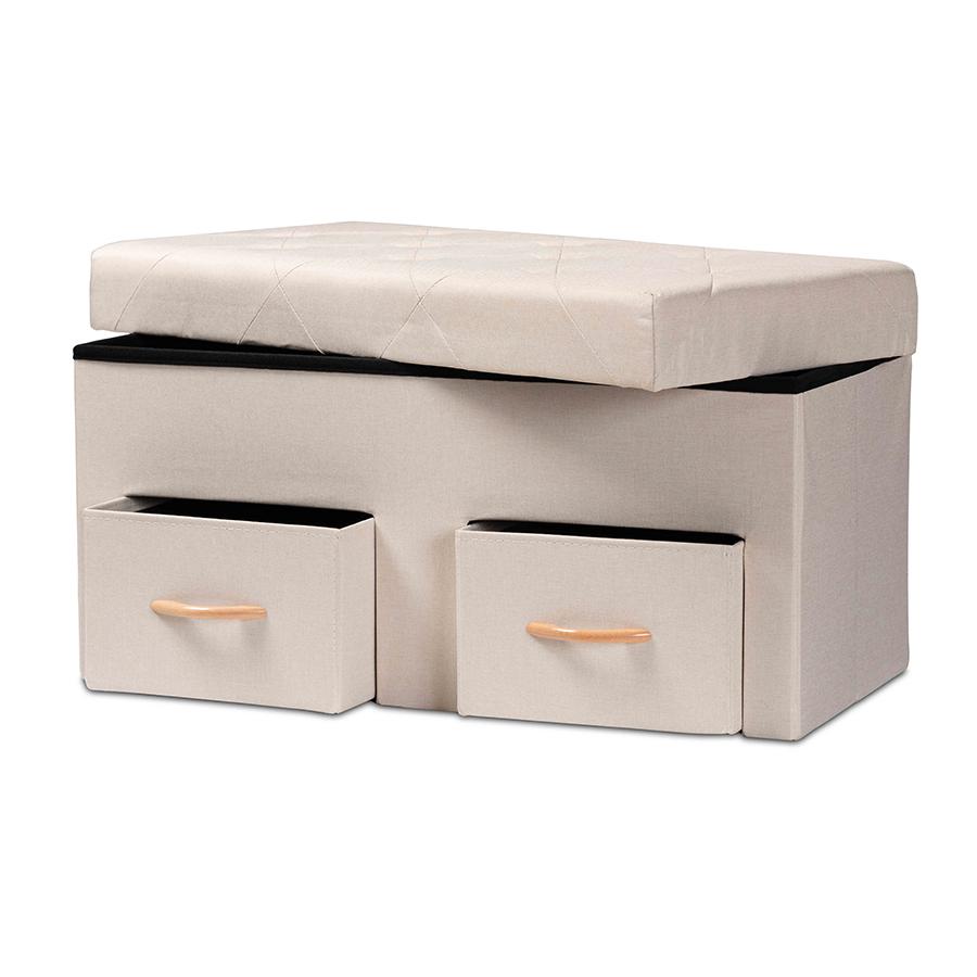 Baxton Studio Gerwin Modern and Contemporary Beige Fabric Upholstered and Oak Brown Finished Wood 2-Drawer Storage Ottoman | Ottomans | Modishstore - 3