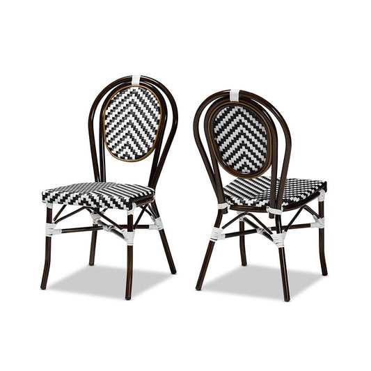 Baxton Studio Alaire Classic French Black and White Weaving and Dark Brown Metal 2-Piece Outdoor Dining Chair Set | Outdoor Chairs | Modishstore
