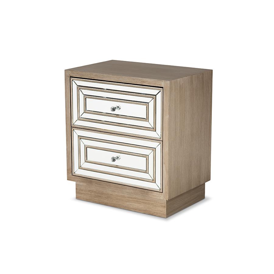 Baxton Studio Ellis Transitional Glam and Luxe Natural Brown Finished Wood 2-Drawer Nightstand with Mirrored Glass | Nightstands | Modishstore