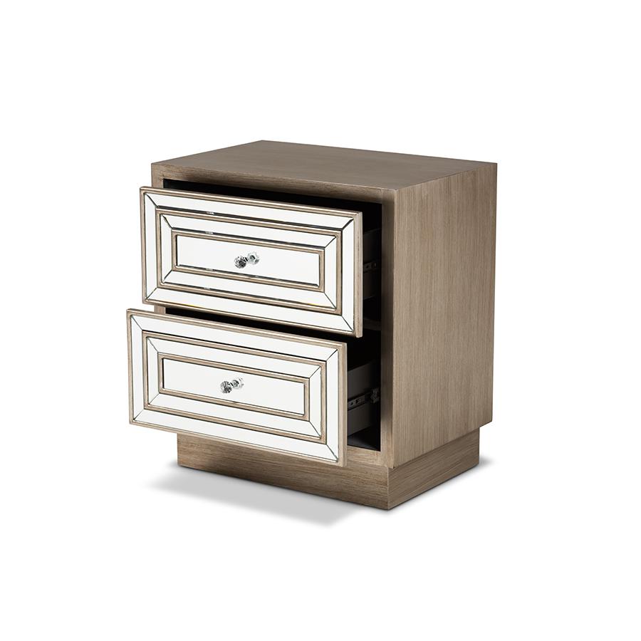 Baxton Studio Ellis Transitional Glam and Luxe Natural Brown Finished Wood 2-Drawer Nightstand with Mirrored Glass | Nightstands | Modishstore - 2