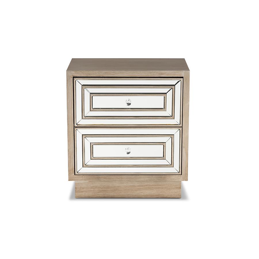 Baxton Studio Ellis Transitional Glam and Luxe Natural Brown Finished Wood 2-Drawer Nightstand with Mirrored Glass | Nightstands | Modishstore - 3