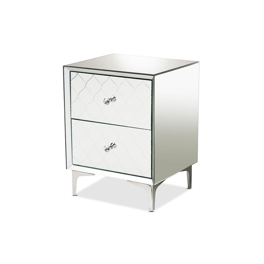 Baxton Studio Kacela Contemporary Glam and Luxe Silver Finished Metal 2-Drawer Nightstand with Mirrored Glass | Nightstands | Modishstore