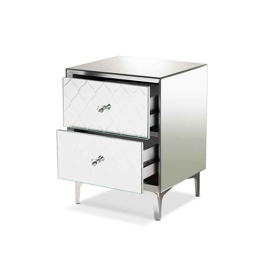 Baxton Studio Kacela Contemporary Glam and Luxe Silver Finished Metal 2-Drawer Nightstand with Mirrored Glass | Nightstands | Modishstore - 2
