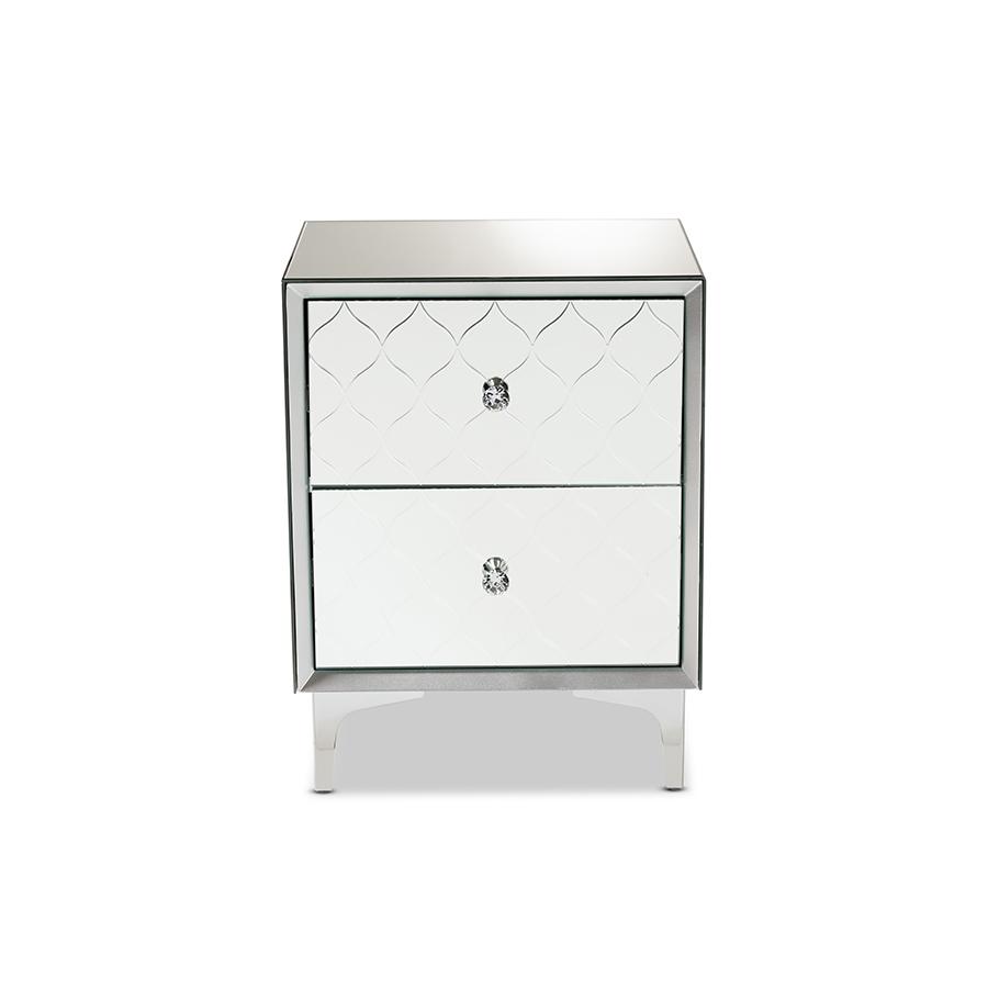 Baxton Studio Kacela Contemporary Glam and Luxe Silver Finished Metal 2-Drawer Nightstand with Mirrored Glass | Nightstands | Modishstore - 3