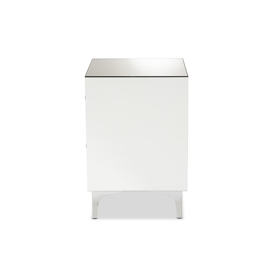 Baxton Studio Kacela Contemporary Glam and Luxe Silver Finished Metal 2-Drawer Nightstand with Mirrored Glass | Nightstands | Modishstore - 4