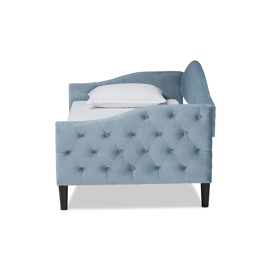 Baxton Studio Benjamin Modern and Contemporary Light Blue Velvet Fabric Upholstered and Dark Brown Finished Wood Twin Size Daybed | Daybeds | Modishstore - 3