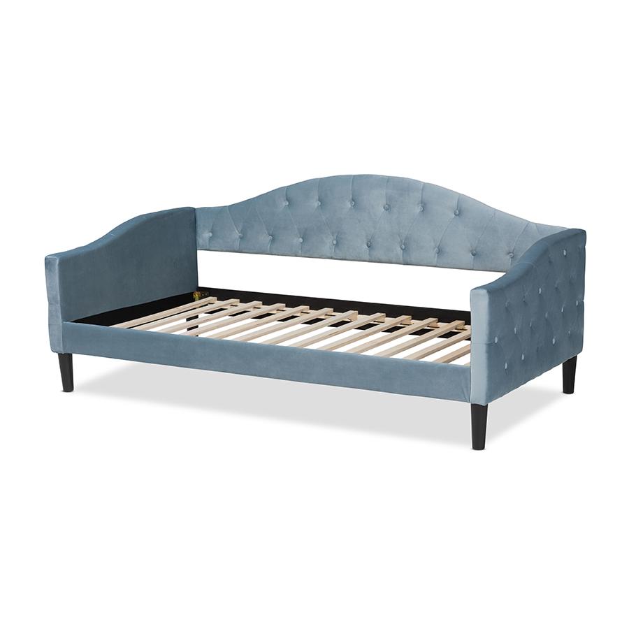 Baxton Studio Benjamin Modern and Contemporary Light Blue Velvet Fabric Upholstered and Dark Brown Finished Wood Twin Size Daybed | Daybeds | Modishstore - 4