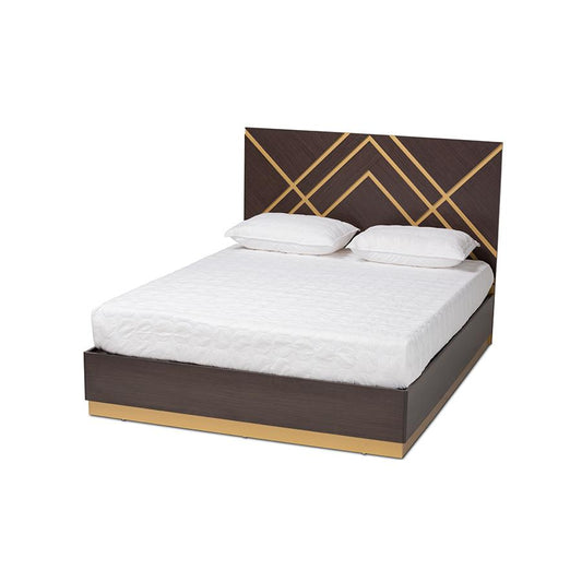 Baxton Studio Arcelia Contemporary Glam and Luxe Two-Tone Dark Brown and Gold Finished Wood Queen Size Platform Bed | Beds | Modishstore