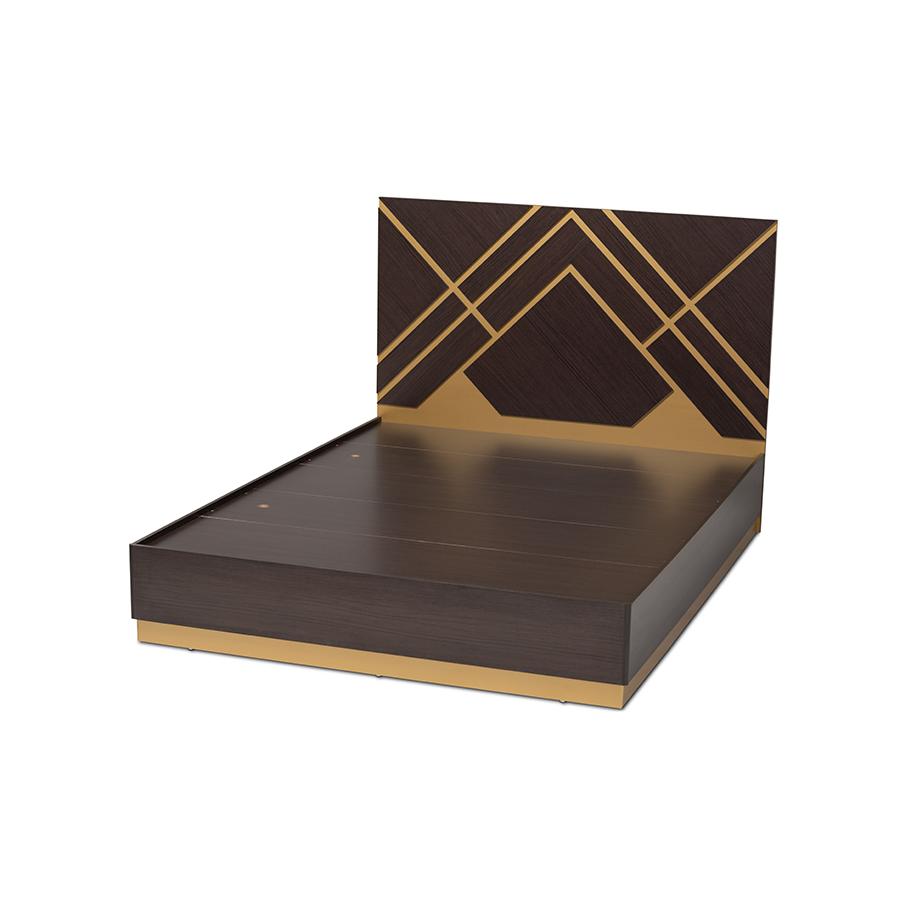 Baxton Studio Arcelia Contemporary Glam and Luxe Two-Tone Dark Brown and Gold Finished Wood Queen Size Platform Bed | Beds | Modishstore - 2