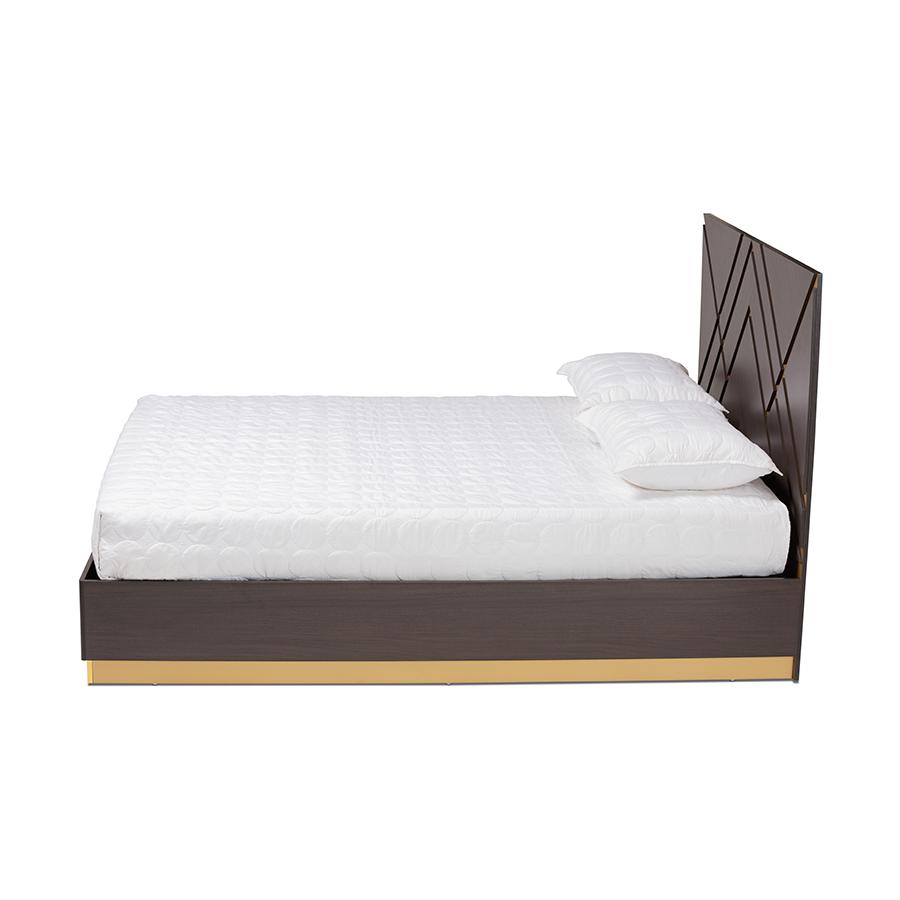 Baxton Studio Arcelia Contemporary Glam and Luxe Two-Tone Dark Brown and Gold Finished Wood Queen Size Platform Bed | Beds | Modishstore - 3