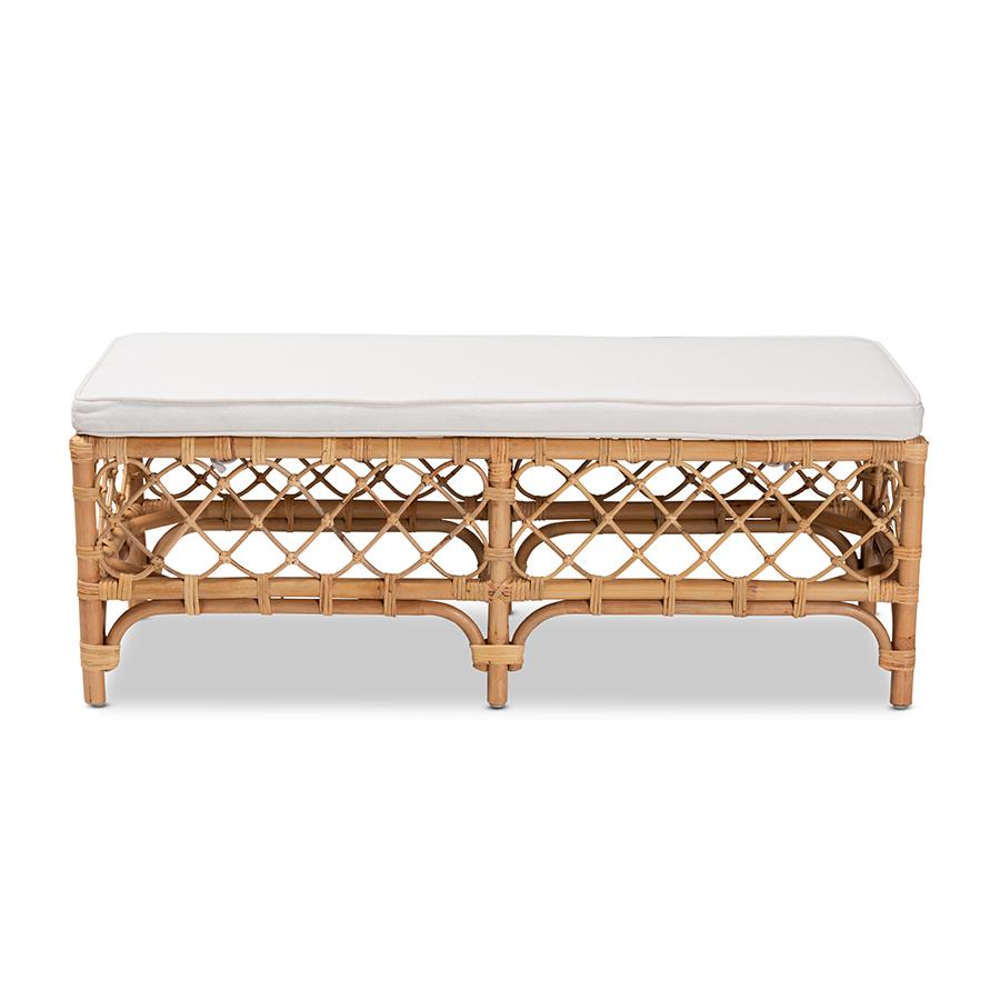 Baxton Studio Orchard Modern Bohemian White Fabric Upholstered and Natural Brown Rattan Bench | Benches | Modishstore - 3