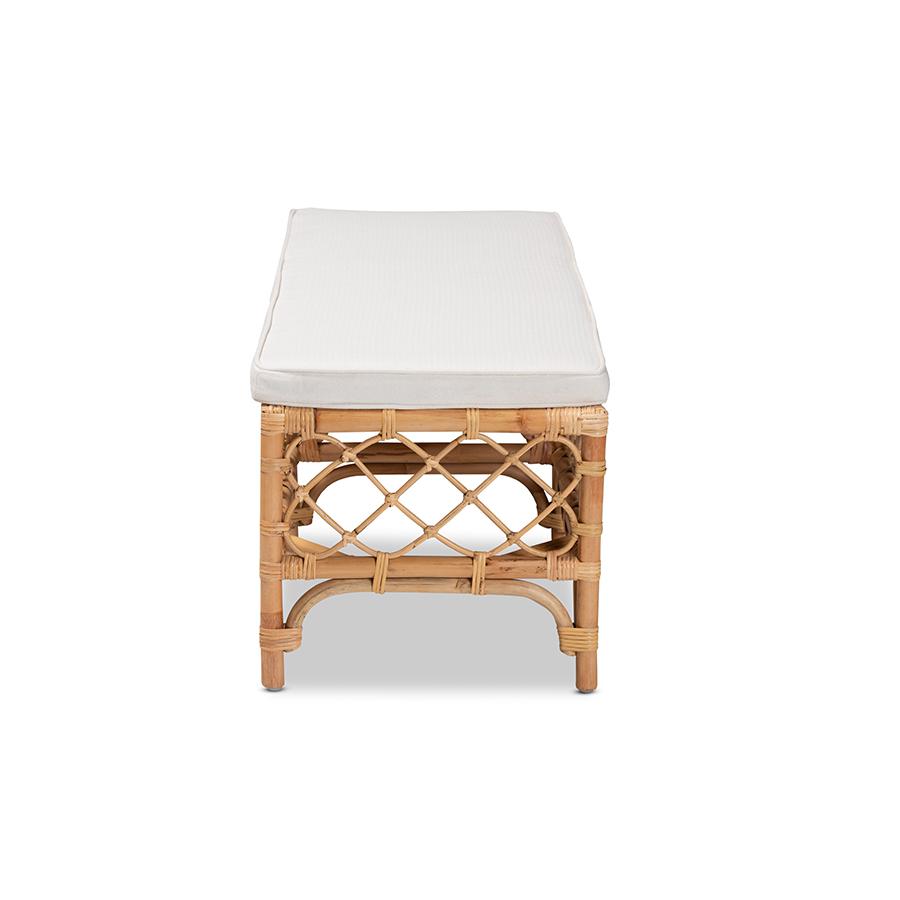 Baxton Studio Orchard Modern Bohemian White Fabric Upholstered and Natural Brown Rattan Bench | Benches | Modishstore - 4