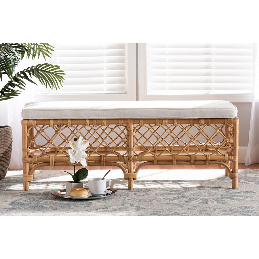 Baxton Studio Orchard Modern Bohemian White Fabric Upholstered and Natural Brown Rattan Bench | Benches | Modishstore - 2