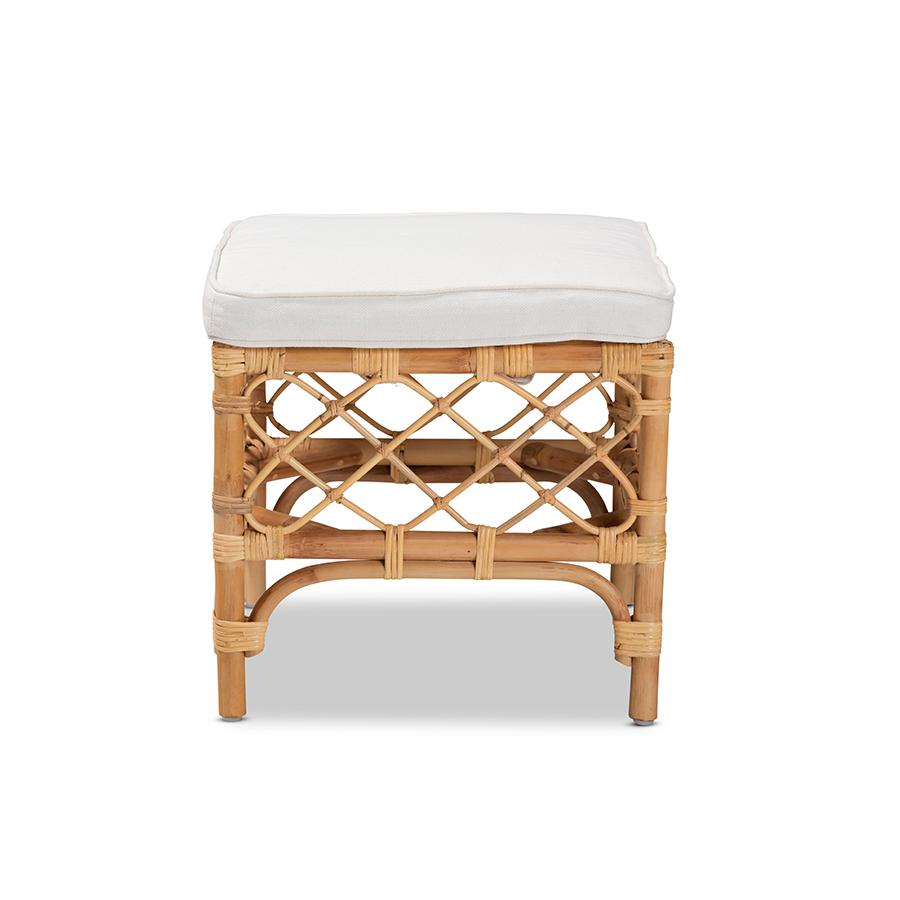 Baxton Studio Orchard Modern Bohemian White Fabric Upholstered and Natural Brown Rattan Ottoman | Ottomans | Modishstore - 3