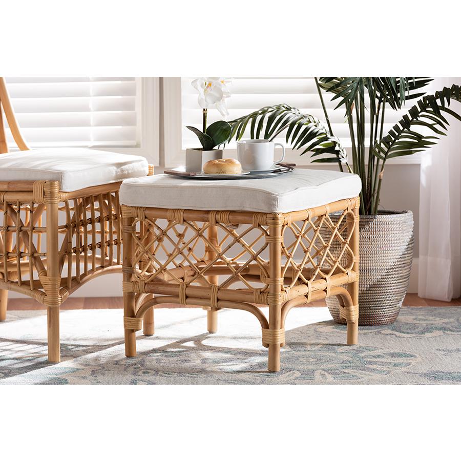 Baxton Studio Orchard Modern Bohemian White Fabric Upholstered and Natural Brown Rattan Ottoman | Ottomans | Modishstore - 2