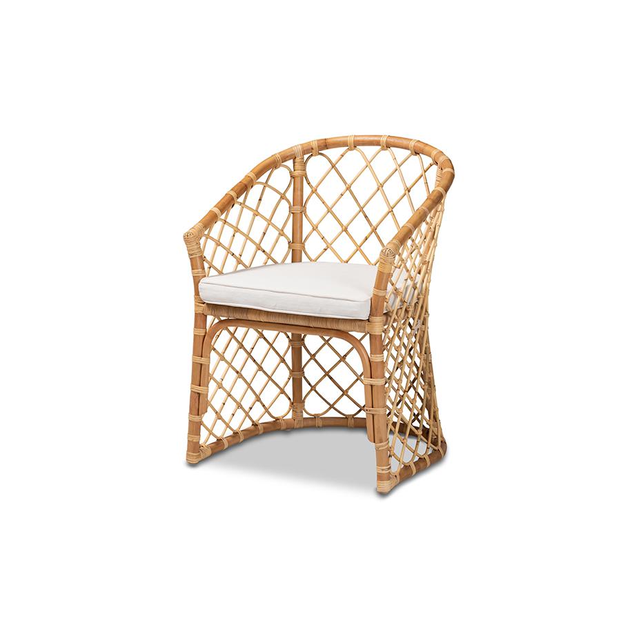 Baxton Studio Orchard Modern Bohemian White Fabric Upholstered and Natural Brown Rattan Dining Chair | Dining Chairs | Modishstore